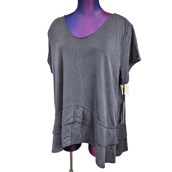 NWT Green Tea Gray Sand‎ Washed Double Ruffle Short Sleeve Top Size XL - Picture 1 of 8